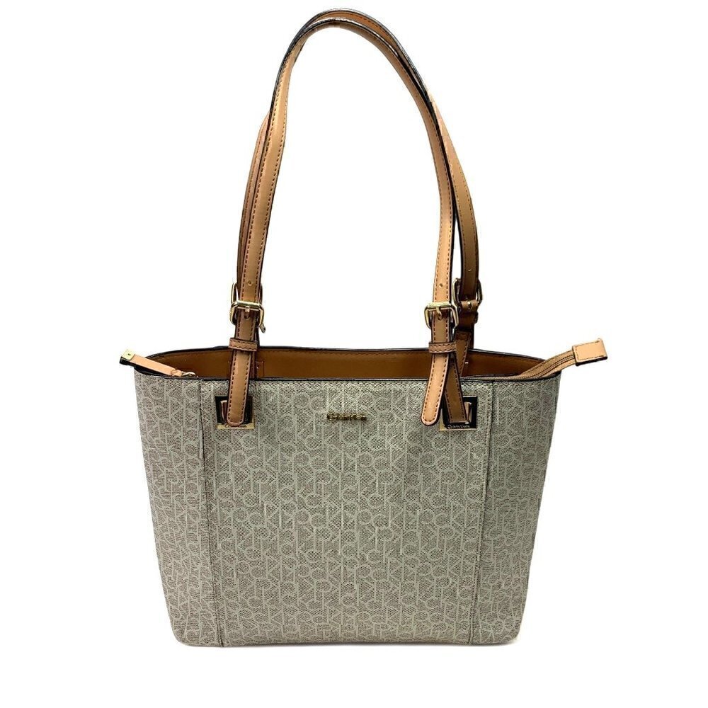 Calvin Klein Signature Satchel H8ABJ6UW Vegan Leather White/Tan Gold Hardware